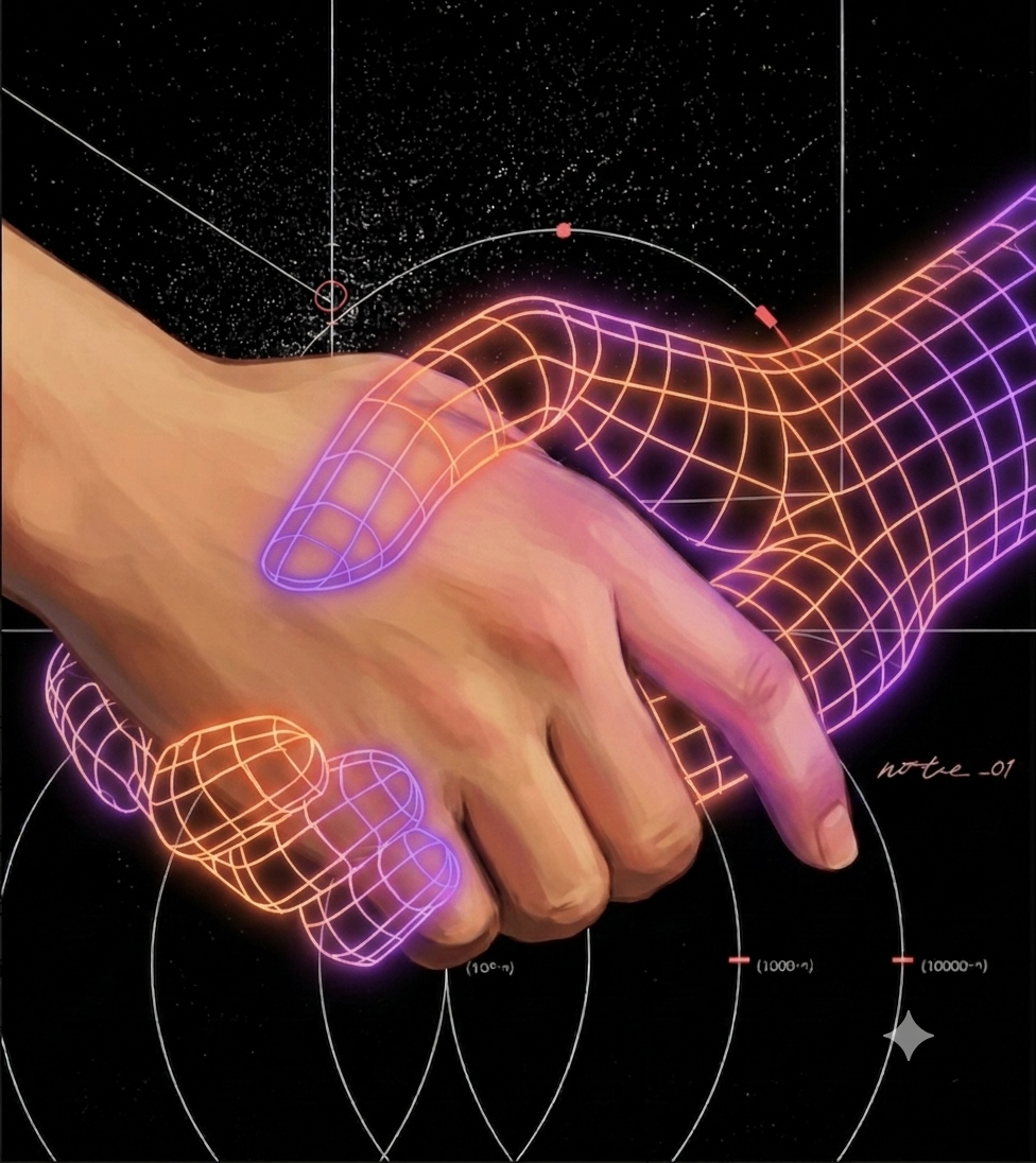 A human hand shaking a glowing orange-and-purple wireframe AI hand on a starry black background